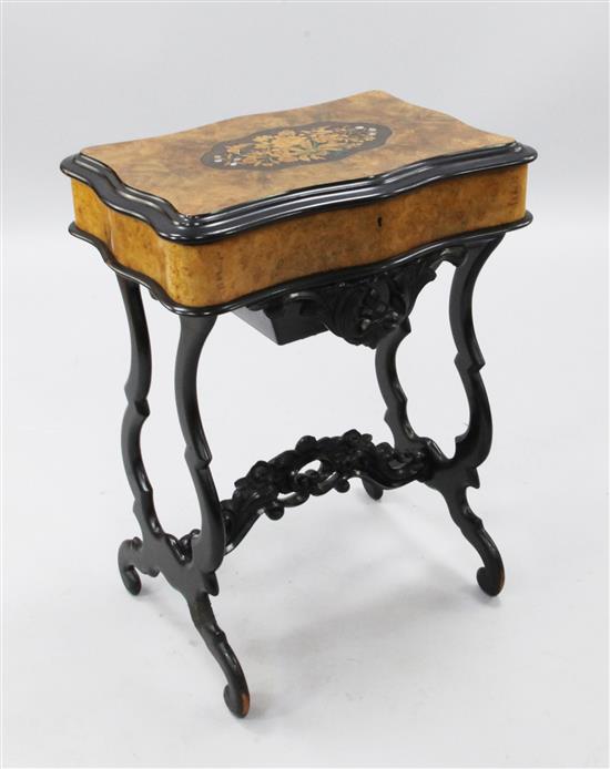 A French walnut and marquetry sewing table, W.1ft 10in.
